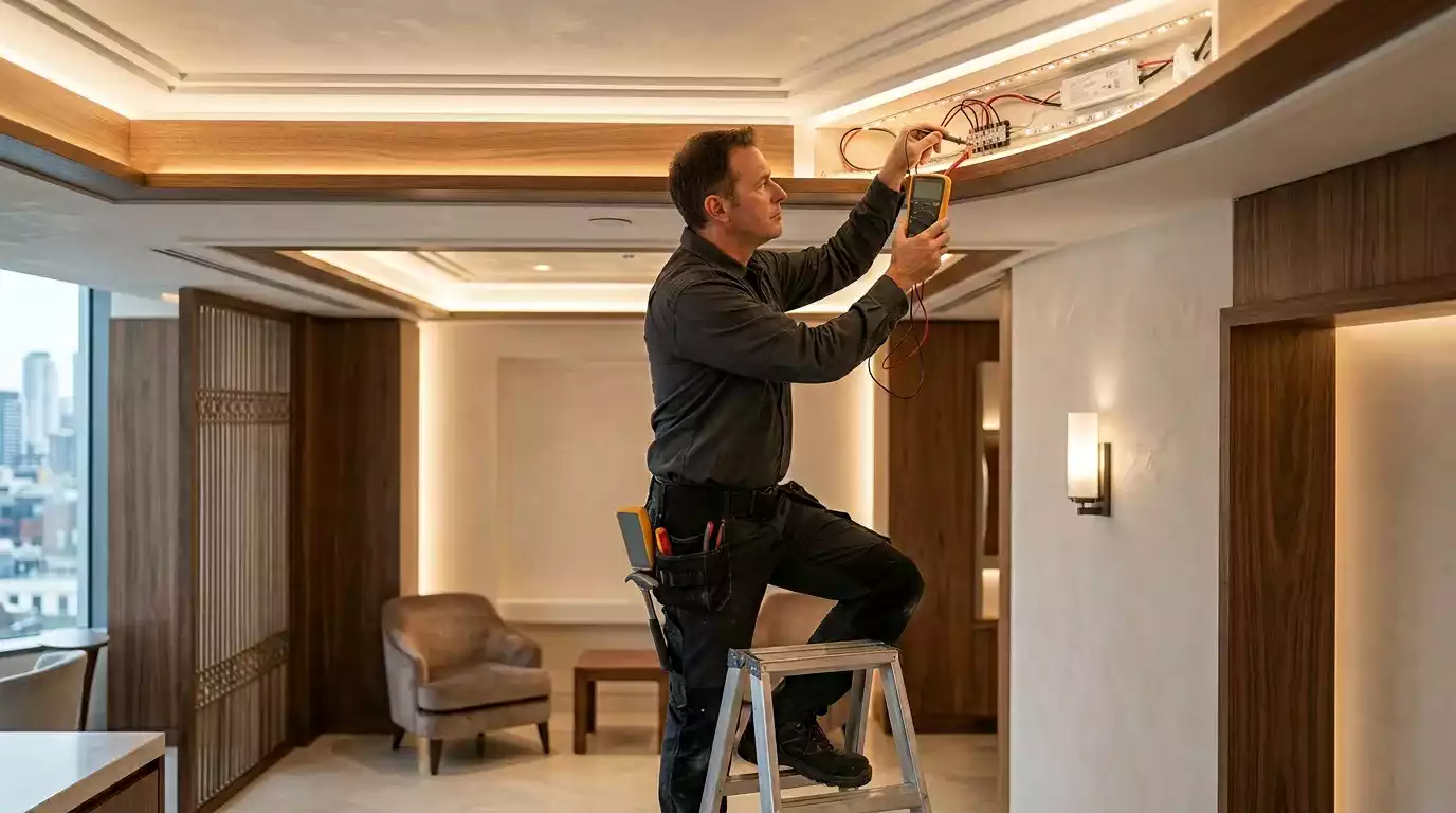 Eletricista instalando refletor em local residencial em Campo Grande MS