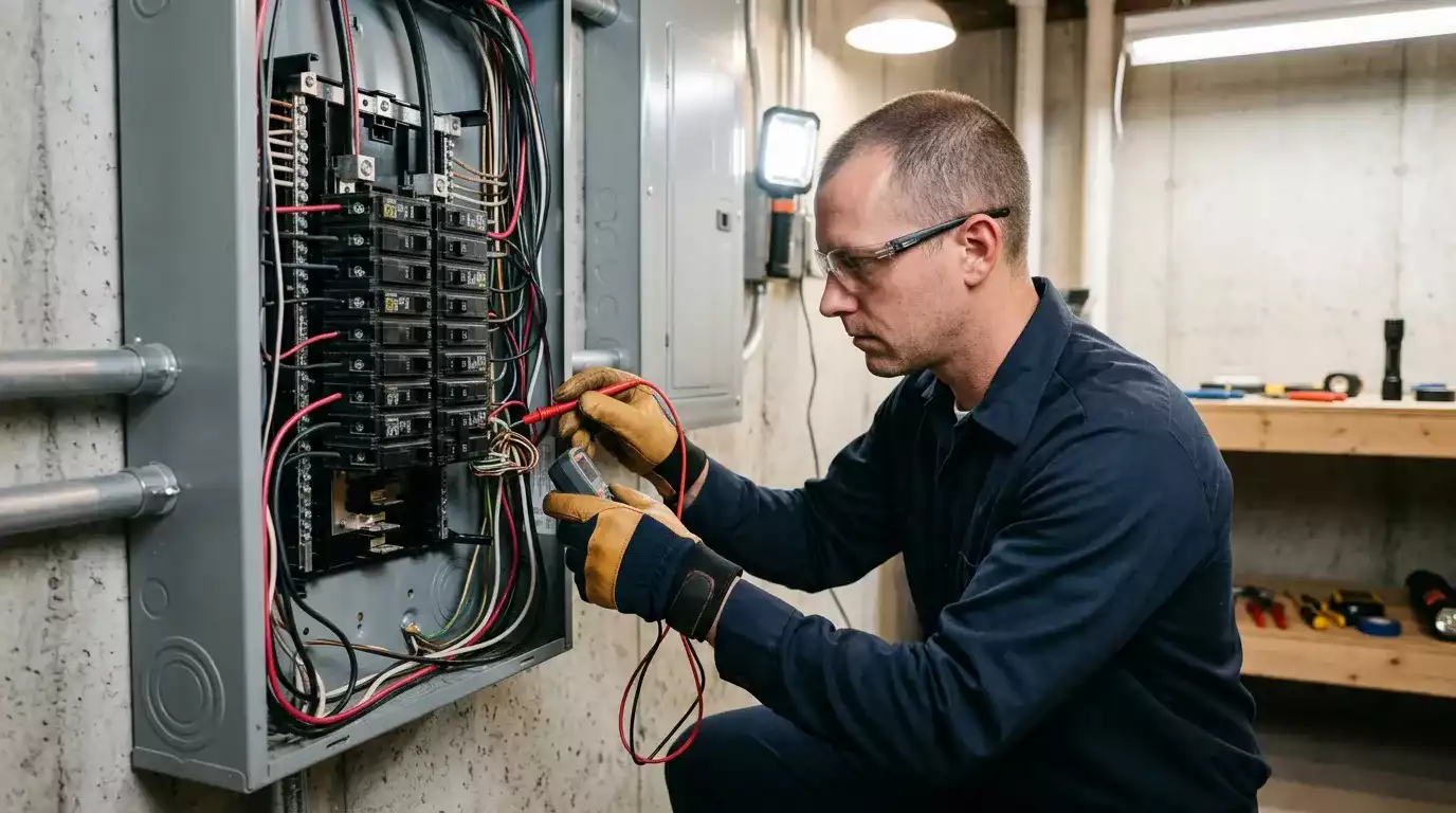 Eletricista realizando instalação elétrica em área externa