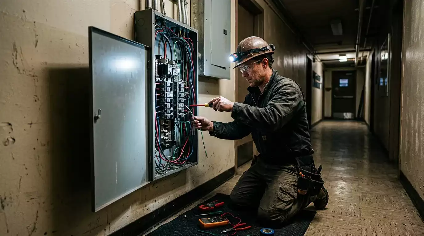 Eletricista verificando quadro elétrico residencial