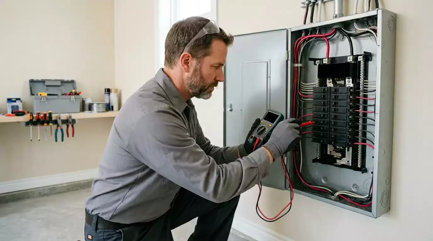 Eletricista realizando manutenção elétrica para curto-circuito residencial