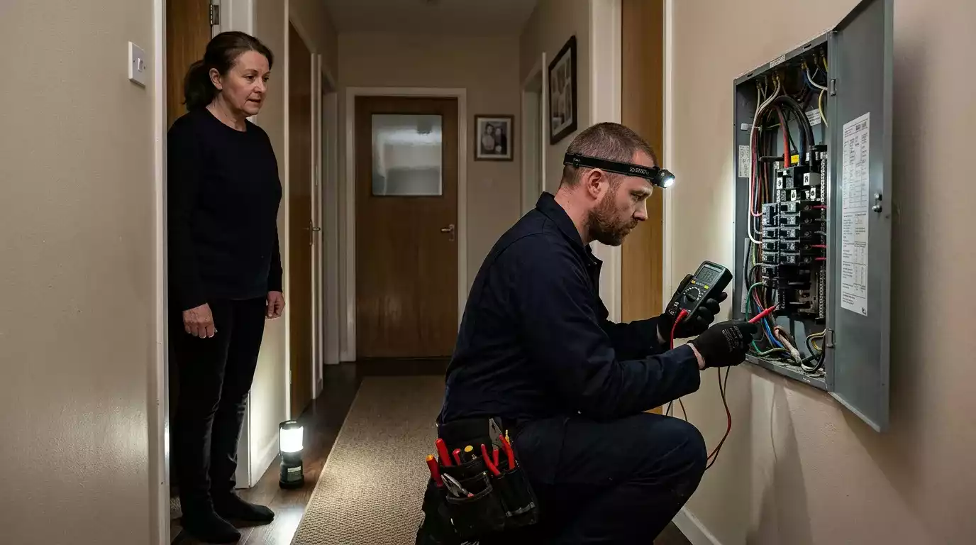 Eletricista realizando instalação elétrica em galpão