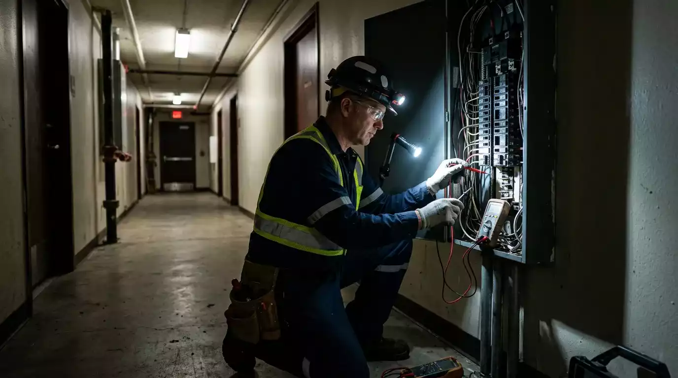 Eletricista realizando manutenção em quadro elétrico para evitar queima de lâmpadas