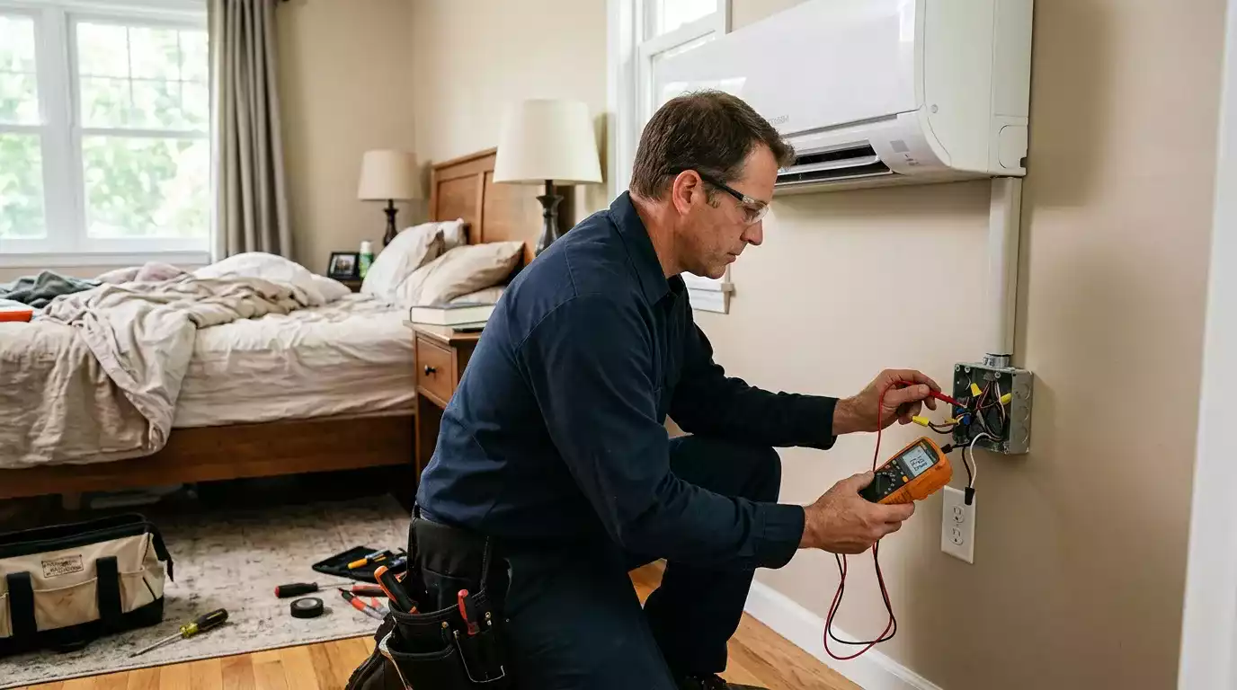 Eletricista realizando instalação elétrica em banheiro