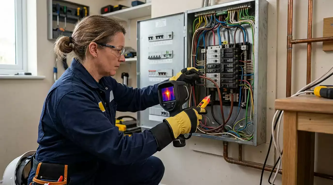 Eletricista realizando instalação elétrica em residência em Campo Grande