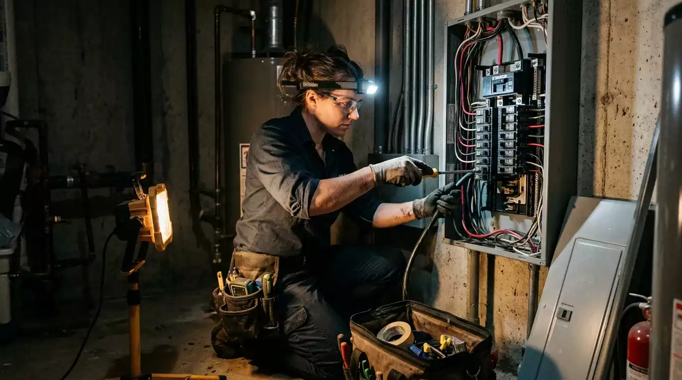 Eletricista realizando diagnóstico profissional em reparo elétrico