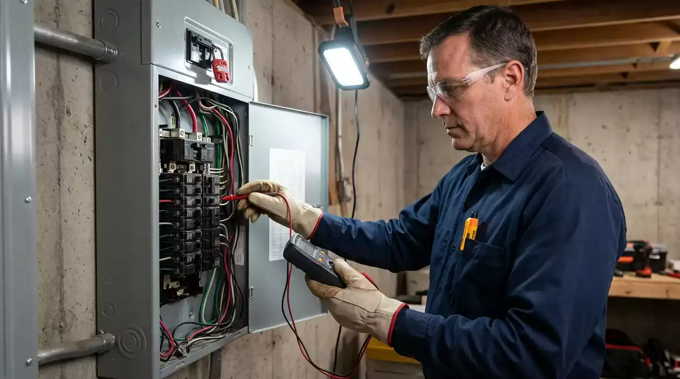 Eletricista realizando manutenção preventiva em instalação residencial