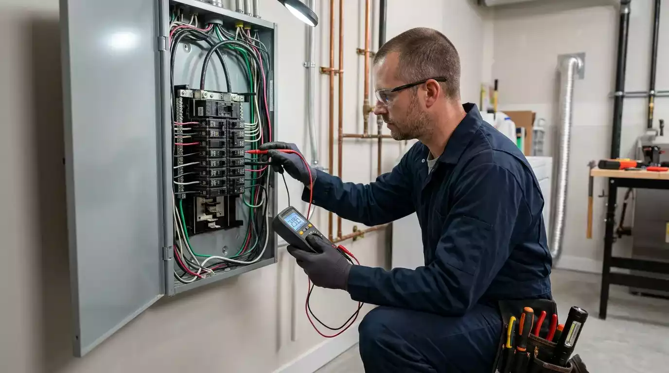 Eletricista trabalhando em quadro elétrico residencial