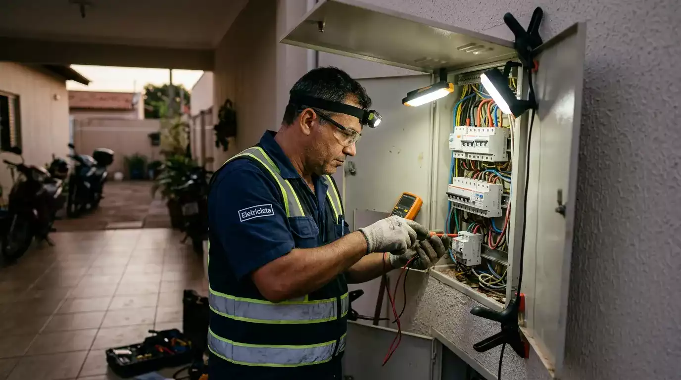 Eletricista realizando diagnóstico em instalação elétrica comercial