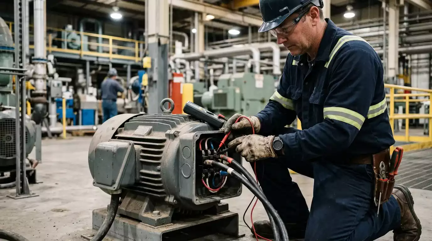 Técnico realizando manutenção preventiva em sistema de iluminação industrial