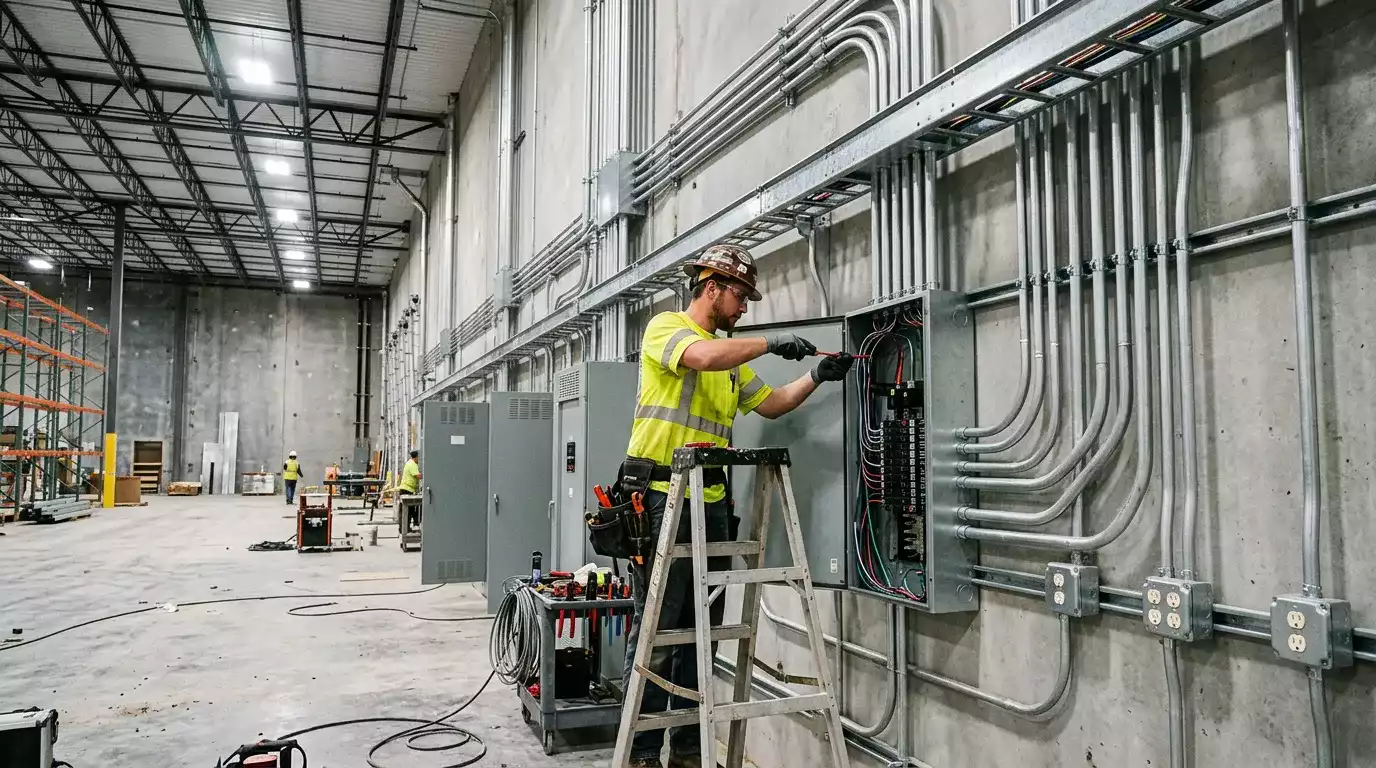 Quadro elétrico em ambiente comercial com disjuntores e proteção