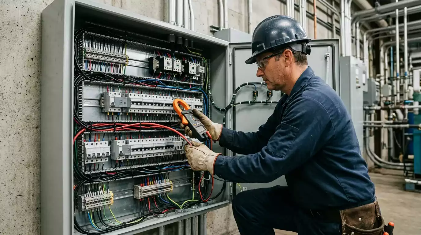 Eletricista realizando manutenção em quadro elétrico