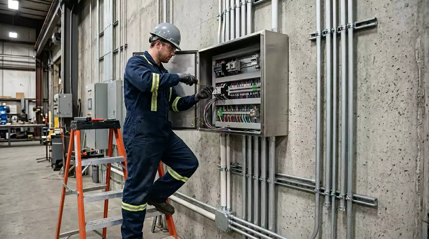 Quadro elétrico com disjuntores em ambiente industrial