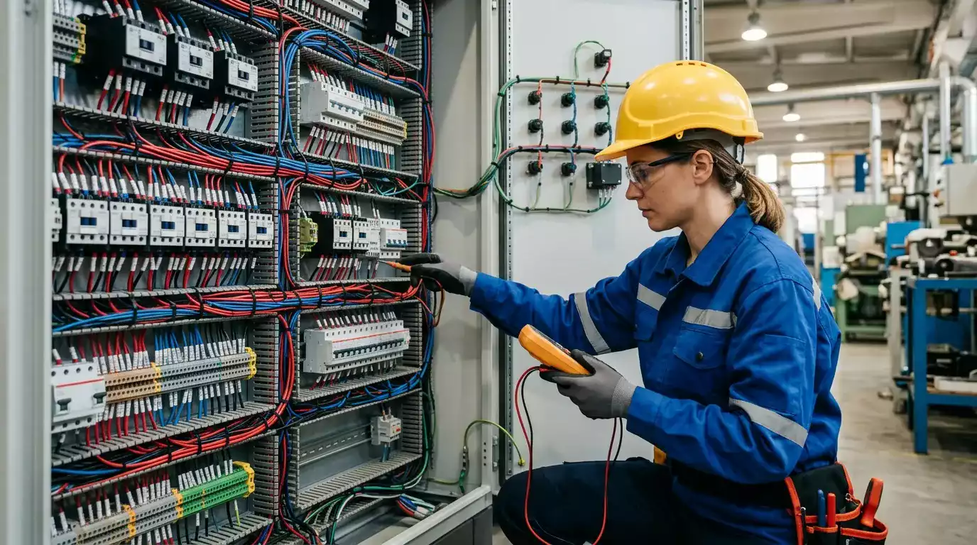 Quadro elétrico industrial sendo instalado por eletricista especializado