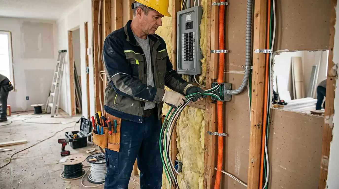 Eletricista realizando montagem de painel elétrico industrial