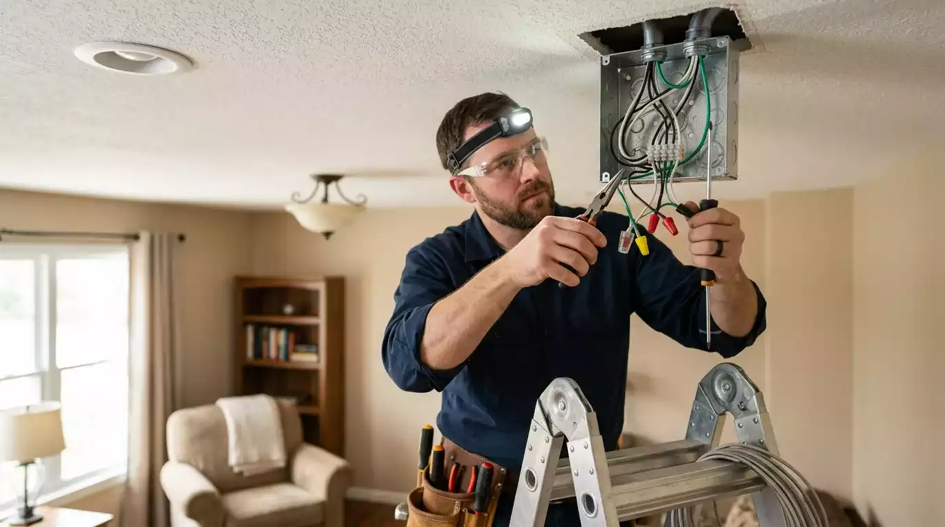 Eletricista realizando manutenção preventiva em instalação elétrica comercial