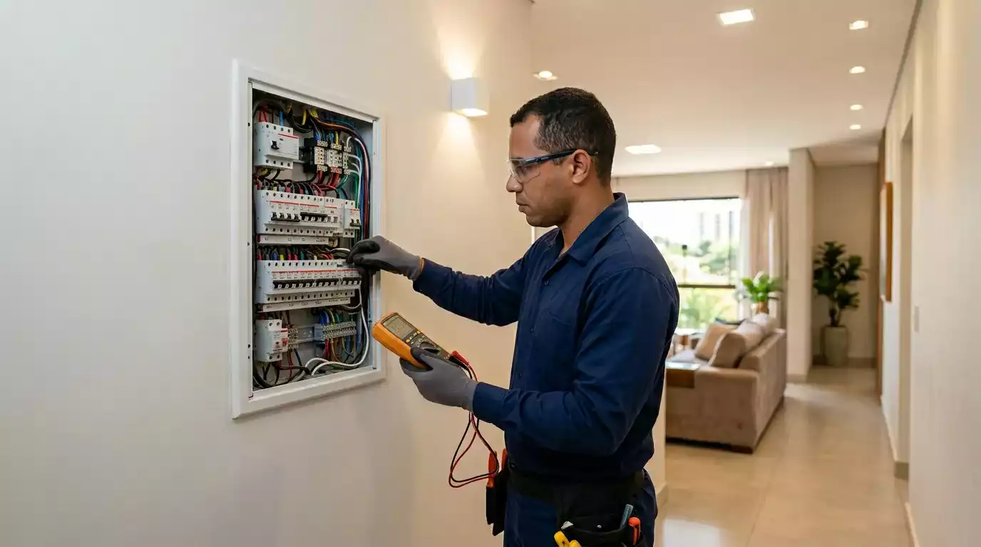 Quadro elétrico industrial com circuitos separados e dispositivos de proteção