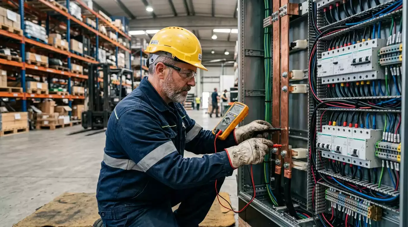 Eletricista verificando fiação elétrica comercial