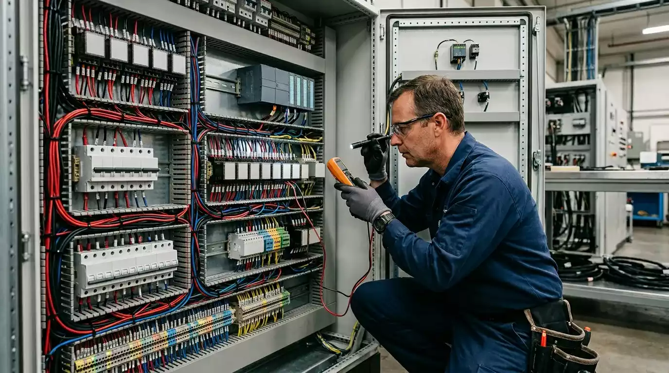 Eletricista industrial realizando manutenção preventiva em painel elétrico