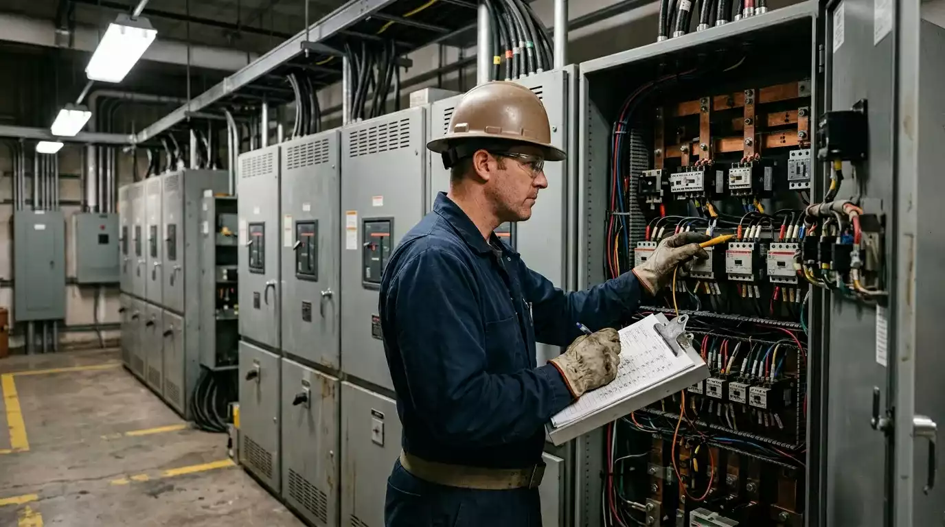 Eletricista realizando inspeção em quadro elétrico residencial