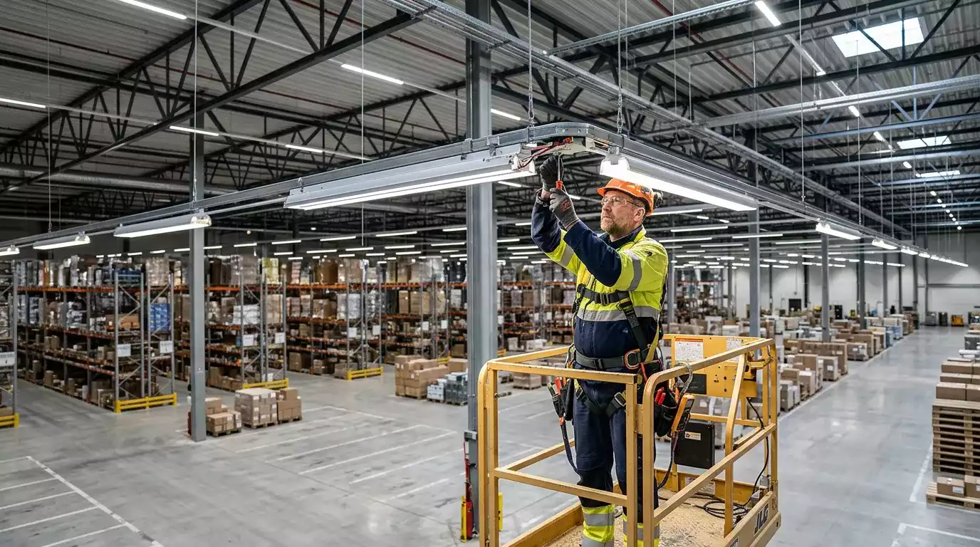 Eletricista trabalhando em quadro elétrico industrial