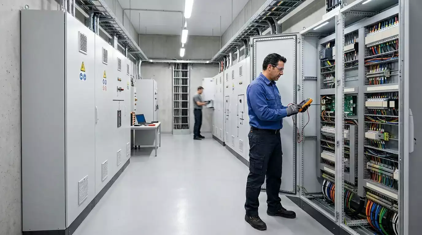 Quadro elétrico instalado corretamente com aterramento e dispositivos de proteção