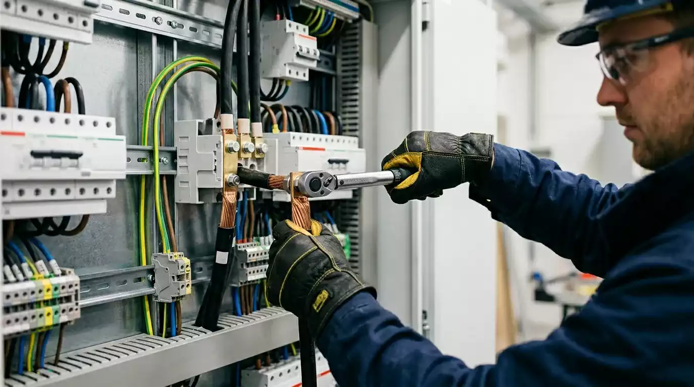 Eletricista realizando inspeção em instalação elétrica residencial