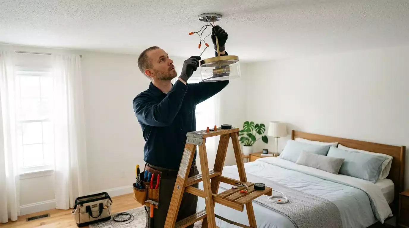 Eletricista realizando manutenção em quadro elétrico residencial