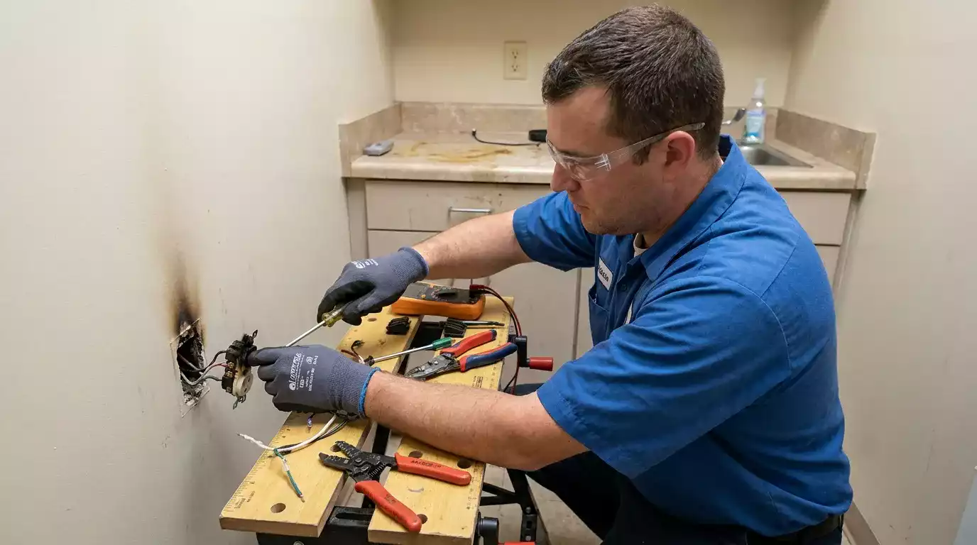 Eletricista realizando reparo em quadro elétrico de escritório