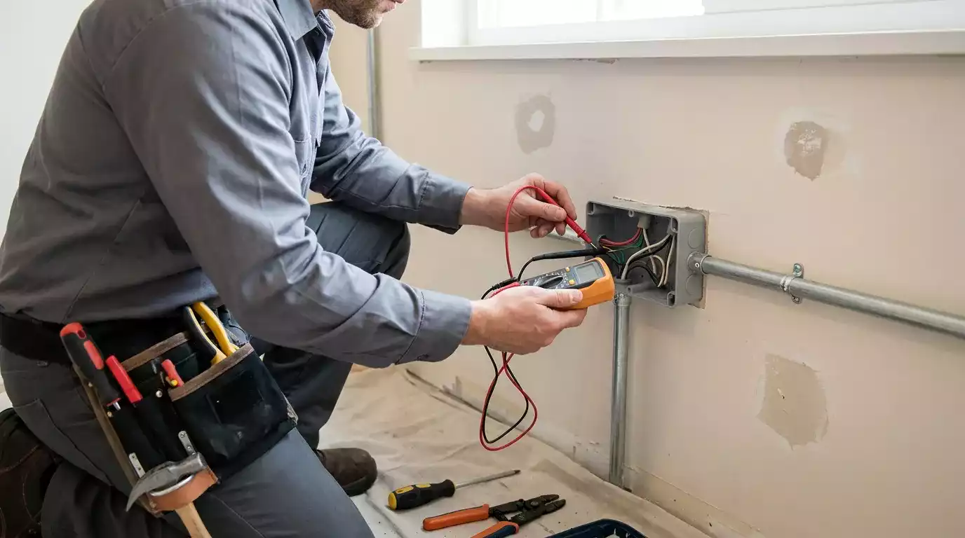 Eletricista realizando manutenção preventiva em instalação industrial