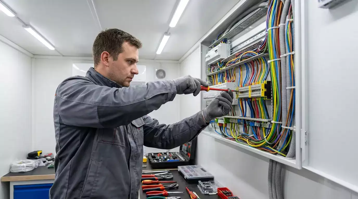 Eletricista realizando manutenção em instalação de LED