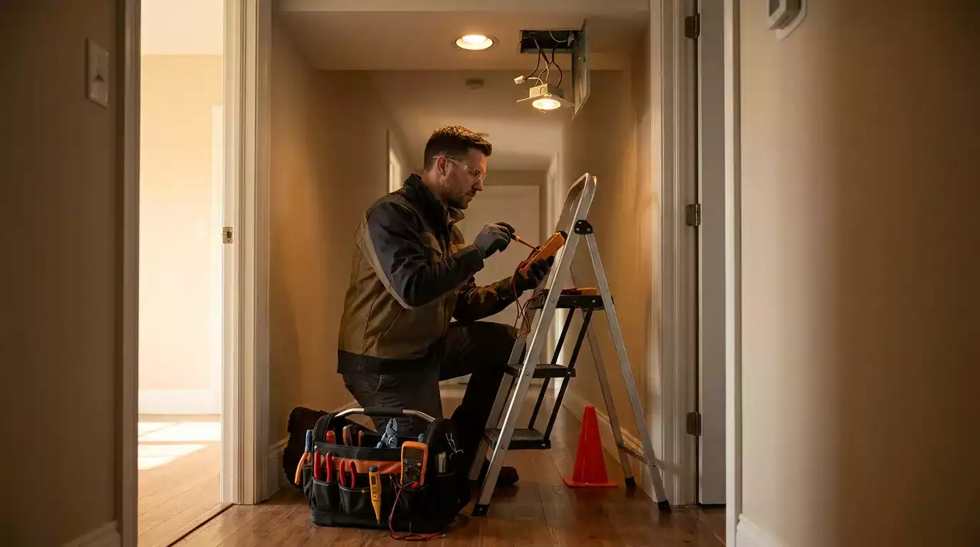 Técnico realizando manutenção elétrica em galpão