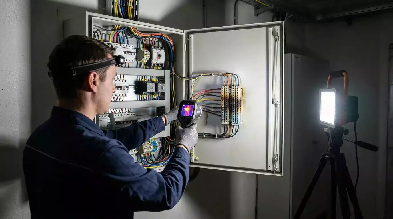 Eletricista fazendo reparo em fiação residencial