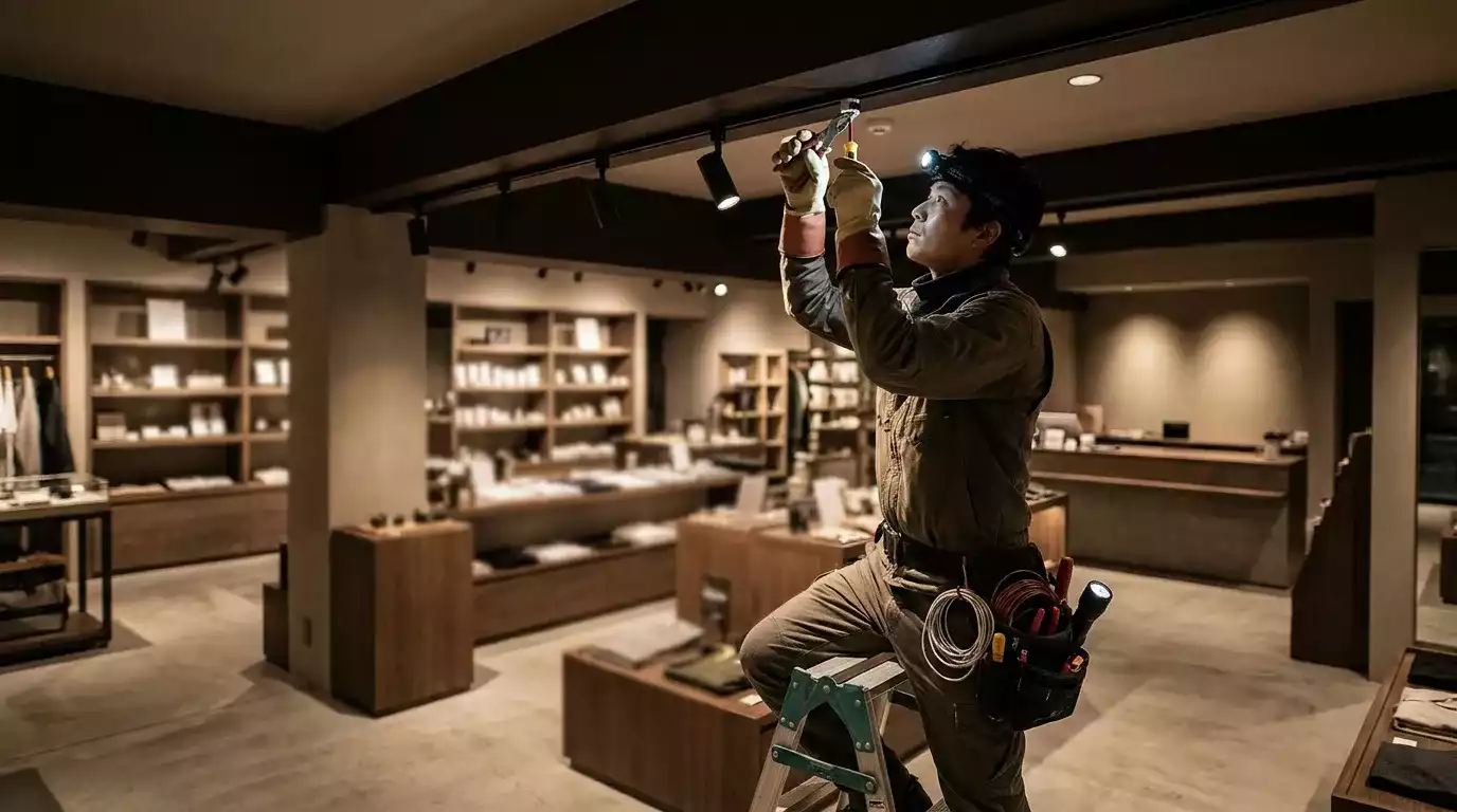 Eletricista realizando manutenção preventiva em apartamento