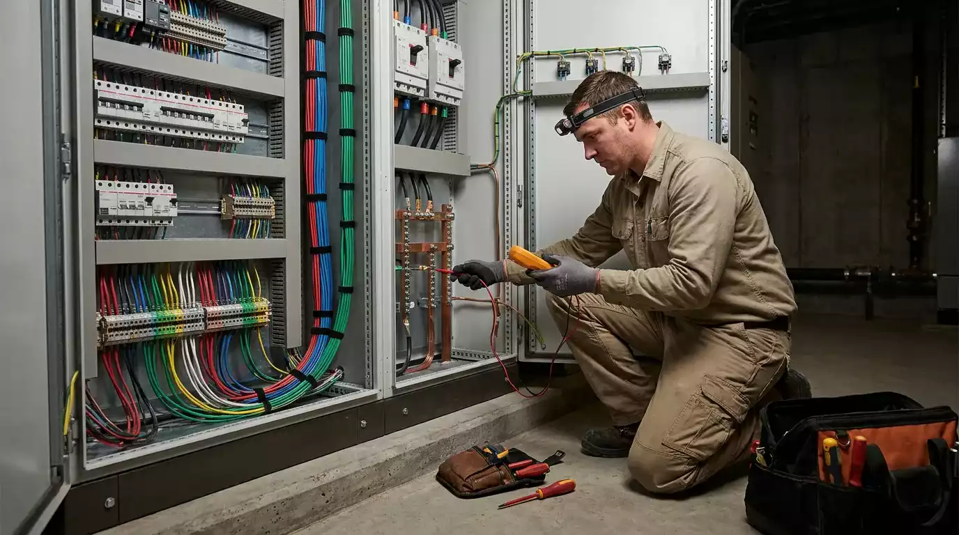 Eletricista realizando manutenção preventiva em comércio