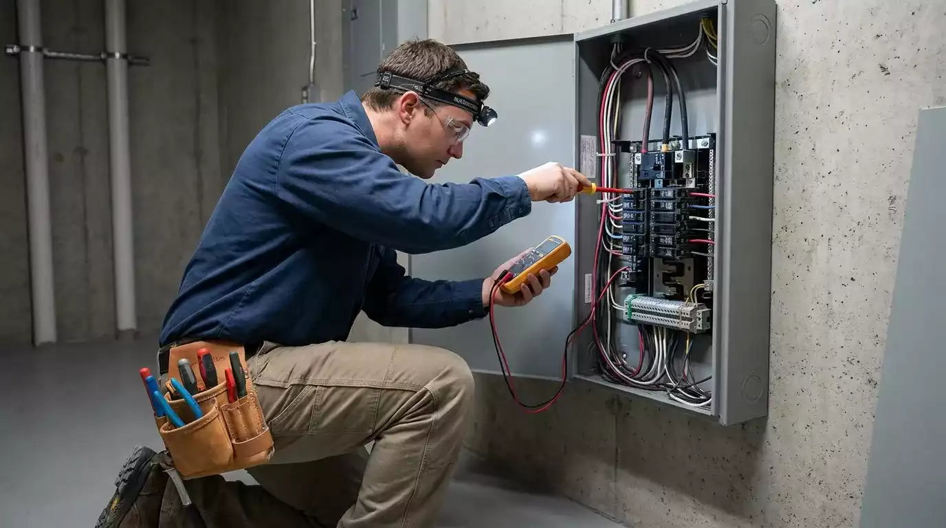 Eletricista realizando manutenção preventiva em sistema de aterramento residencial