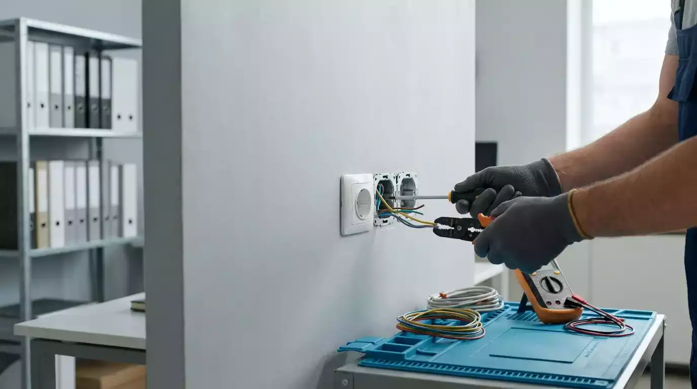 Quadro elétrico moderno com disjuntores e dispositivos de proteção