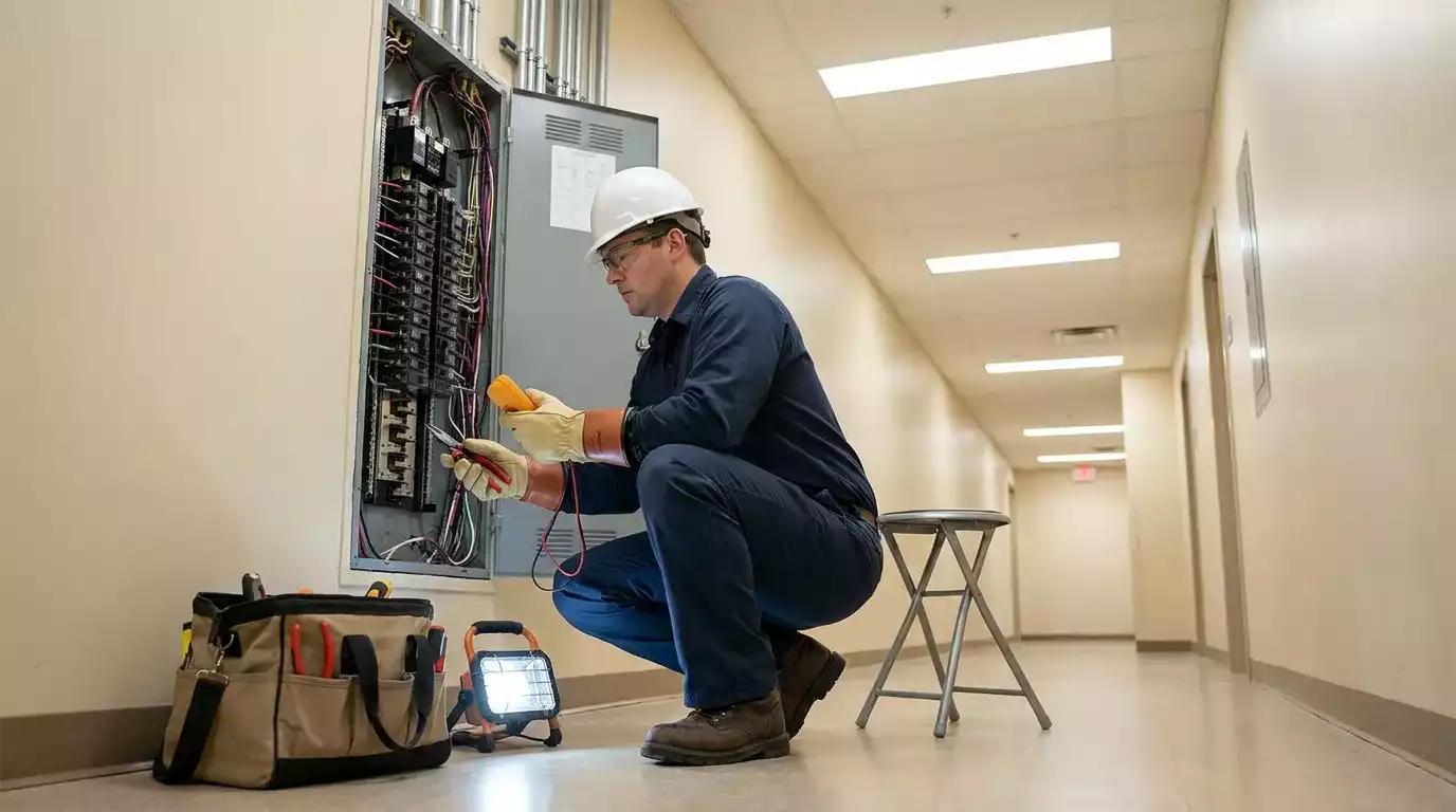 eletricista profissional realizando atendimento de emergência elétrica em condomínio