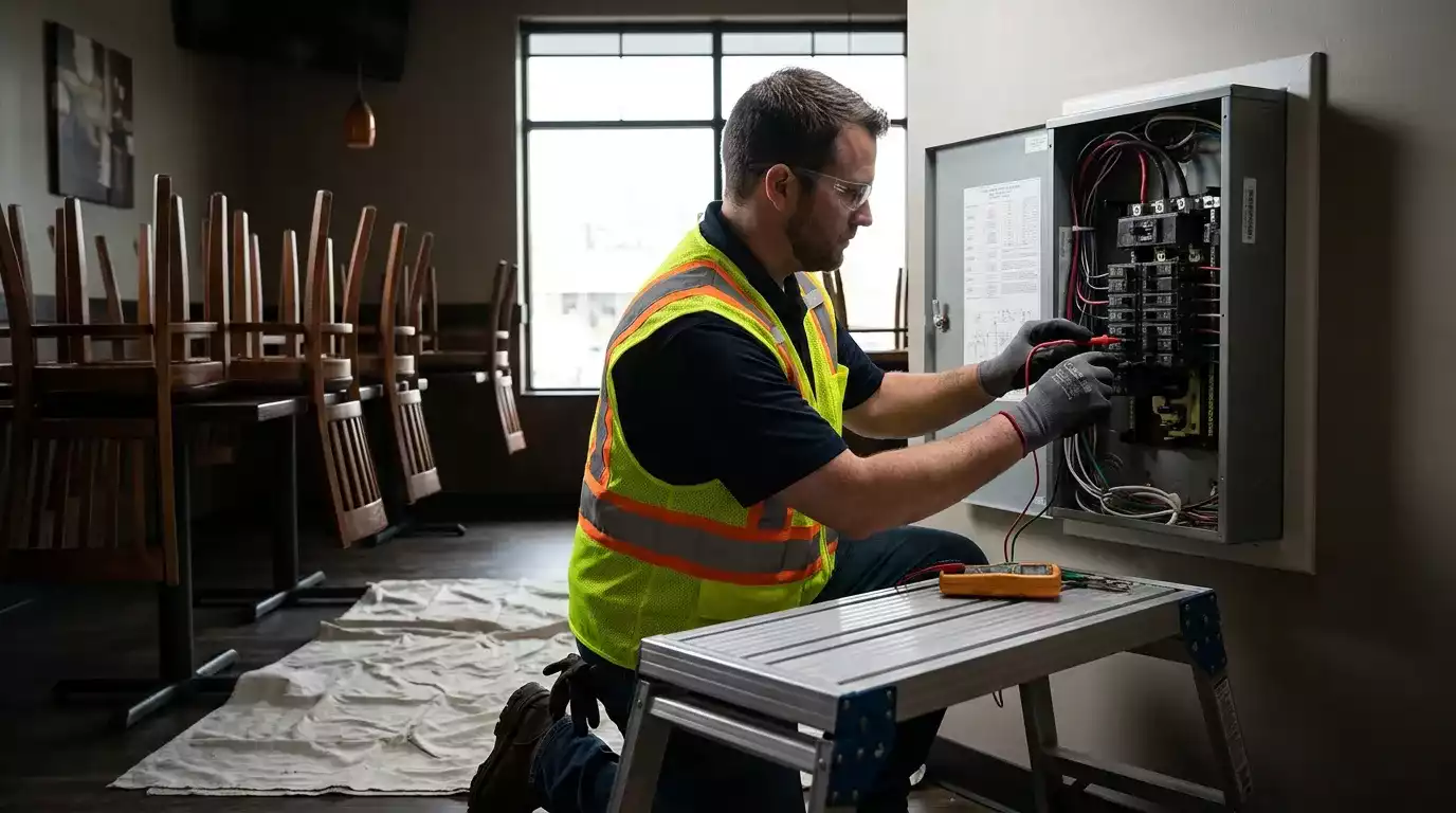 Eletricista realizando inspeção em instalação elétrica comercial