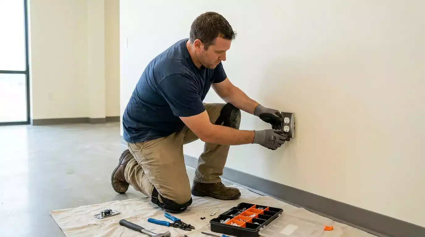 Eletricista realizando inspeção em instalação elétrica comercial