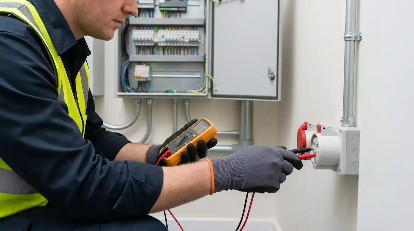 Eletricista realizando manutenção elétrica preventiva