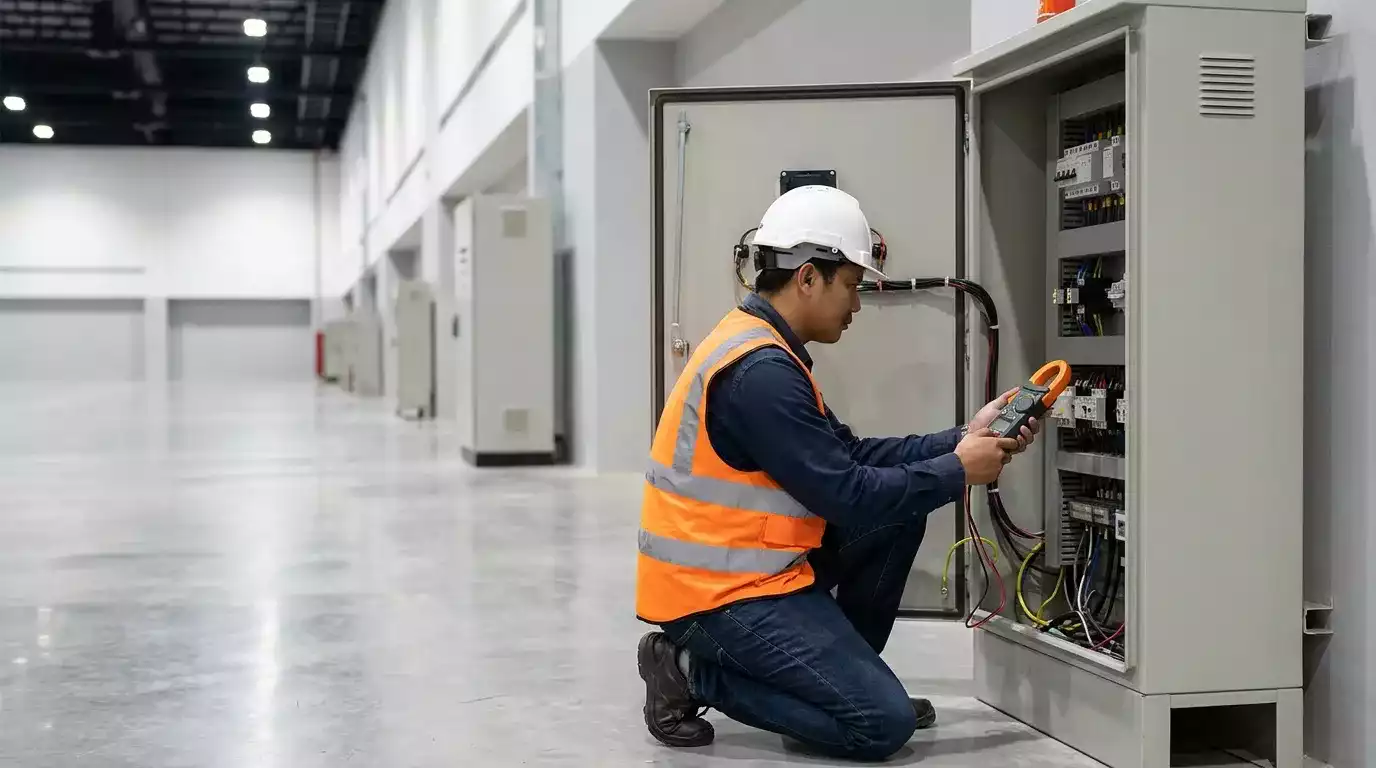 Eletricista realizando manutenção preventiva em instalação elétrica