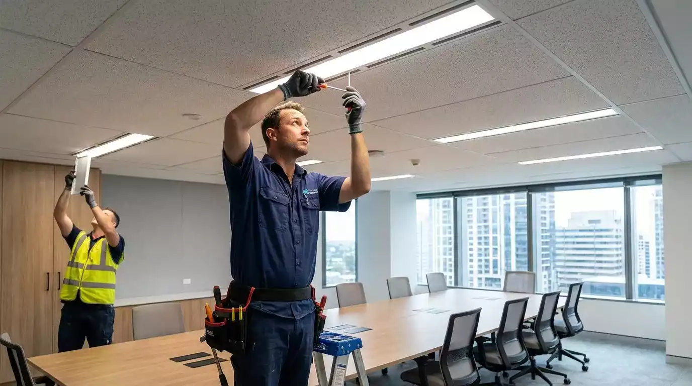 Eletricista realizando manutenção elétrica em ambiente comercial