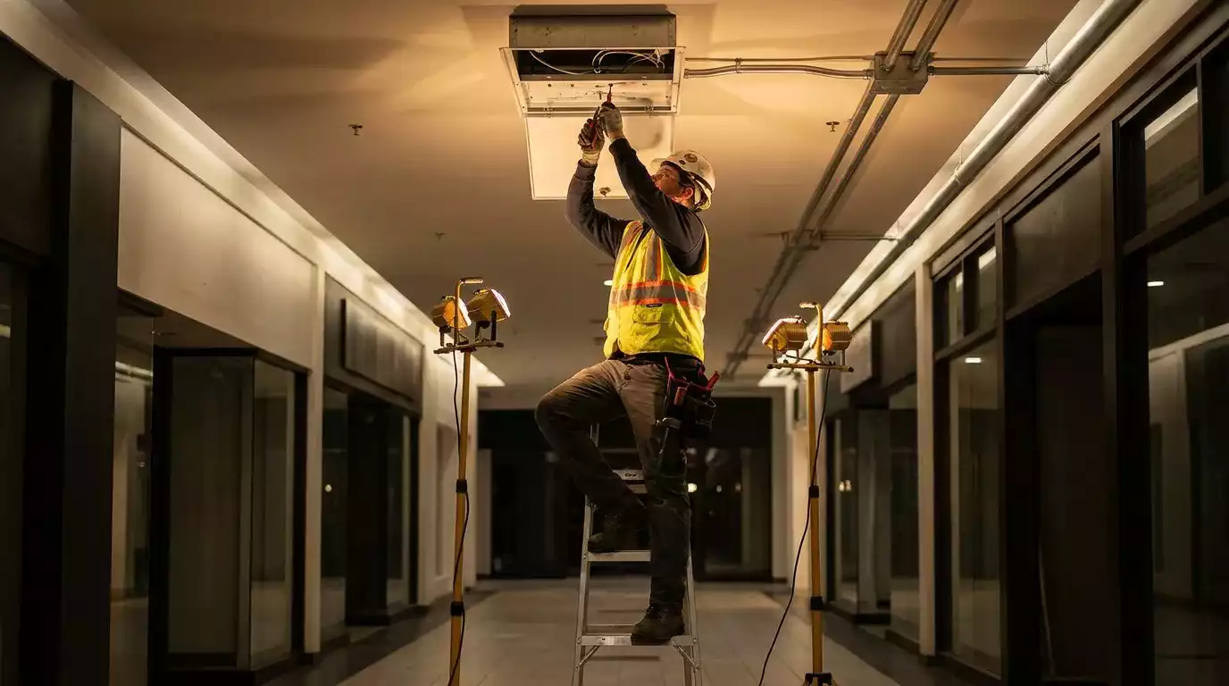 Profissional realizando avaliação técnica em instalação elétrica industrial