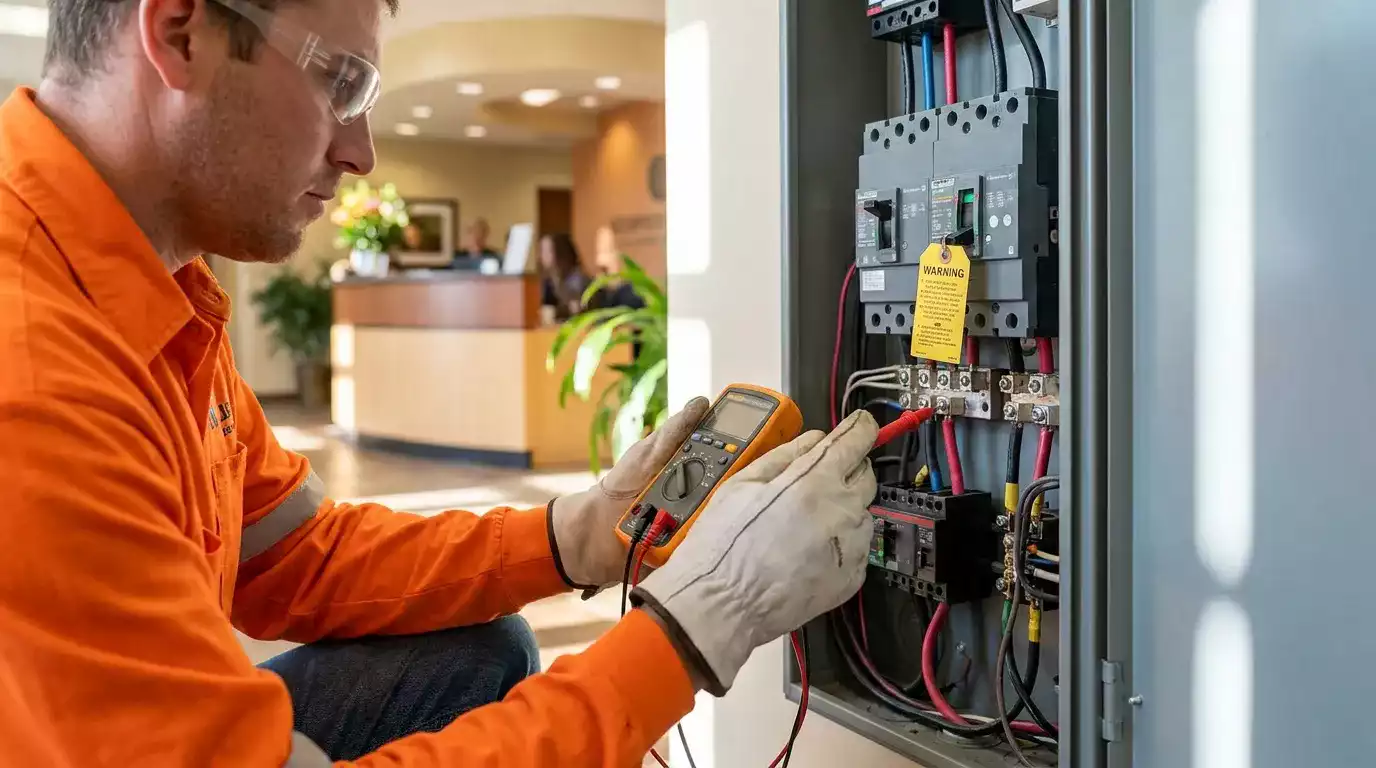Eletricista realizando manutenção preventiva em instalação residencial