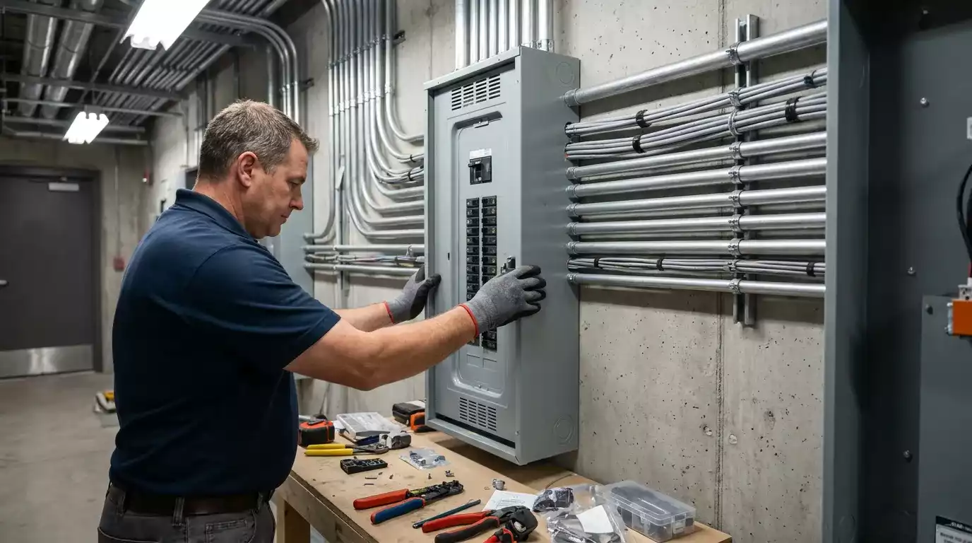 Eletricista realizando inspeção em instalação elétrica residencial
