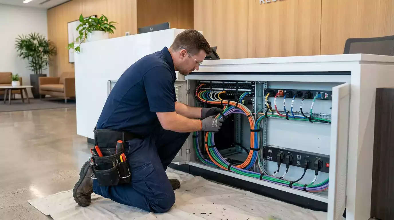 Eletricista realizando manutenção preventiva em instalação comercial em Campo Grande MS