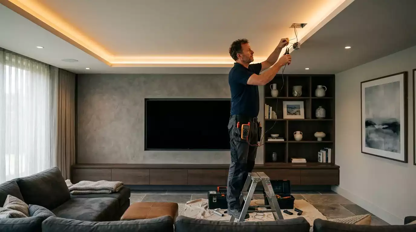 Eletricista realizando manutenção em quadro elétrico industrial
